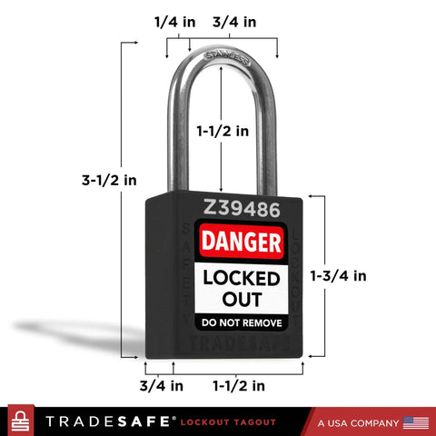 Lockout Tagout Padlocks Set Of 10 Black Keyed Alike Safety Locks With 2 Keys Each, OSHA Compliant LOTO Locks For Lockout Tagout Stations, Premium Grade showing dimensions