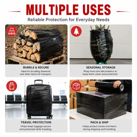 Heavy Duty Black 18 Inch Stretch Wrap 80 Gauge 20 Pack For Moving Furniture Protection And Pallet Wrapping That Stays Put And Keeps Your Stuff Safe And Secure; multiple uses for firewood, trees, luggage, and boxes
