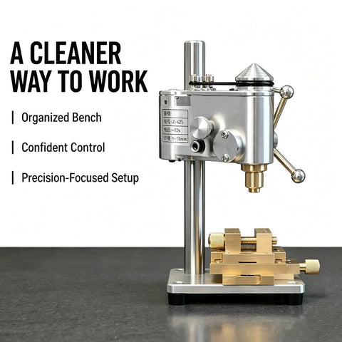 Mini Benchtop Drill Press With Variable Speed For Precision Watch Repair And Jewelry Making 0.01mm Accuracy, detailed view of control setup.