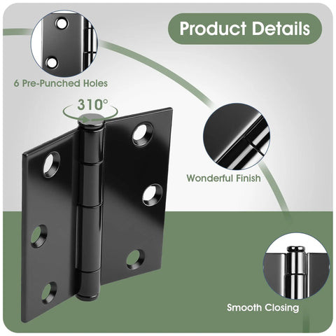Beefy 3 Inch Door Hinges 24 Pack Black Square Hinge Set With Soft Close Cushion For Interior And Exterior Doors Rust Resistant