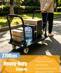 Built Tough Heavy Duty Steel Platform Truck With 2700 Lb Capacity 48 By 24 Inch Industrial Flatbed Cart Alloy Steel Frame Collapsible Handle 360 Degree Swivel Casters Made For Workshop Backyard And Heavy Cargo Logistics, loaded with boxes and water jug