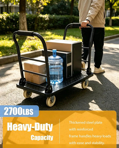 Built Tough Heavy Duty Steel Platform Truck With 2700 Lb Capacity 48 By 24 Inch Industrial Flatbed Cart Alloy Steel Frame Collapsible Handle 360 Degree Swivel Casters Made For Workshop Backyard And Heavy Cargo Logistics, loaded with boxes and water jug