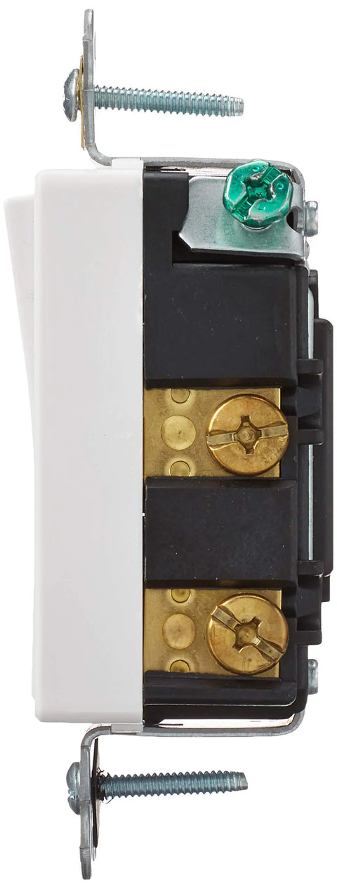 Side view of Decora Plus Rocker Double Pole AC Quiet Switch 20 Amp 120 To 277 Volt Back And Side Wiring, heavy duty construction.