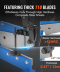 8 Inch Hand Plate Shear With Long Handle For Metal Cutting Up To One Quarter Inch Sheet Steel Cuts Two And Three Quarters By One Quarter Inch Flat Steel And One Half Inch Rod Steel Benchtop Cutter For DIY And Professional Metalworking showing thick T10 blades and hardness measurement