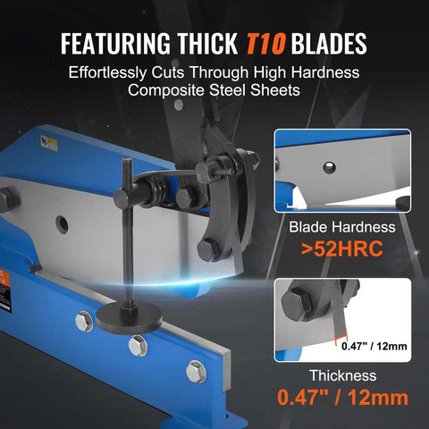 8 Inch Hand Plate Shear With Long Handle For Metal Cutting Up To One Quarter Inch Sheet Steel Cuts Two And Three Quarters By One Quarter Inch Flat Steel And One Half Inch Rod Steel Benchtop Cutter For DIY And Professional Metalworking showing thick T10 blades and hardness measurement