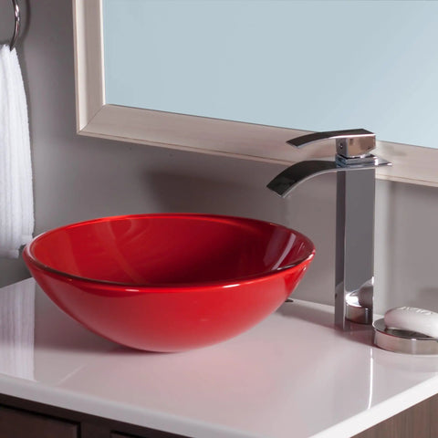 Rosso Double Layer Sleek Red Glass Vessel Sink With Clear Inside And Out Tempered Scratch Resistant And Non Porous Above Counter Mount Standard US Plumbing 16.5 By 5.75 Inches 1.75 Inch Drain Opening on bathroom countertop