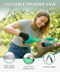 Woman using foldable pruning saw from Top Notch 10 Piece Heavy Duty Garden Tool Set With Stainless Steel Tools And Wooden Handles