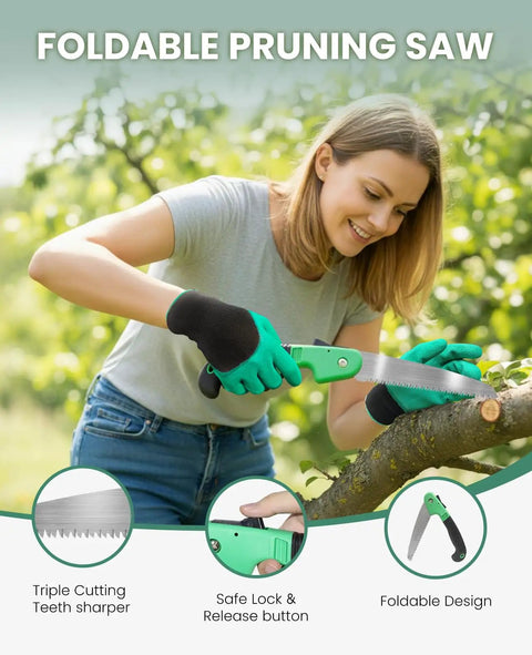 Woman using foldable pruning saw from Top Notch 10 Piece Heavy Duty Garden Tool Set With Stainless Steel Tools And Wooden Handles