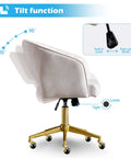 Velvet Home Office Chair With Gold Base showing side tilt function, ergonomic back support, and swivel features, in cream.