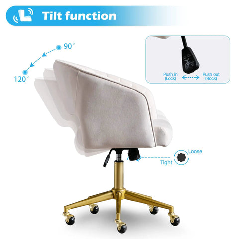 Velvet Home Office Chair With Gold Base showing side tilt function, ergonomic back support, and swivel features, in cream.