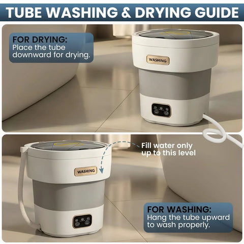 Tube washing and drying guide for No Sweat Compact Portable Washer With 15L Spin Basket Designed For Underwear Socks And Delicate Clothes Easy Pack Away Design Sweet For Dorms Hotels Apartments And Camping Trips.