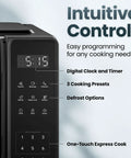 Intuitive controls of No Sweat Compact Countertop Microwave Oven 0.7 Cubic Foot 700 Watts featuring digital clock and presets.