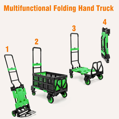 Grab-And-Go 2-In-1 Folding Hand Truck With Collapsible Crate Converts From 2-Wheel To 4-Wheel, 400 Lb Heavy-Duty Dolly Cart, Lightweight 15.9 Lb, 3-Position Adjustable Handle, And 59 Inch Bungee Cord With Hooks For Easy Hauls shown folded and open