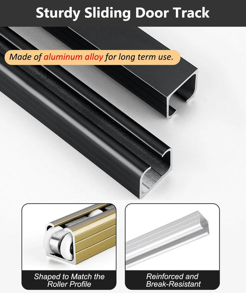 Close-up of Ceiling Mounted Sliding Door Track Kit With Bypass Pocket Hardware, 6 Wheel Set, Heavy Duty Aluminum 1.85mm, Black Finish