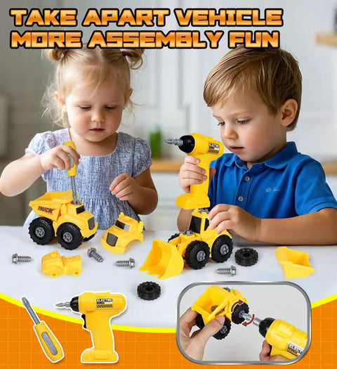 Kids assembling vehicles with Kids Tool Bench With Electric Drill And Construction Vehicles 2 In 1 Workbench And Toolbox For Ages 3 To 5