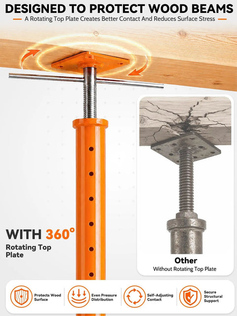 Built To Last Adjustable Screw Floor Jacks 2 Pack With 56 To 100 Inch Range For Crawlspace Support Level Decks And Basements 18000 Lbs Capacity shows 360° rotating top plate for better support.
