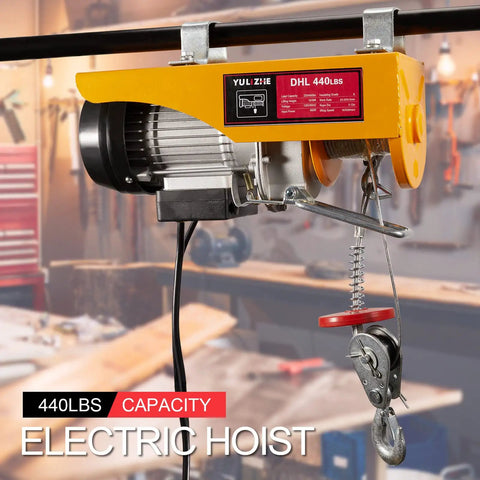 Electric Hoist 1320 Lbs Winch With Remote Control 110V Lift System in garage setting, close-up view of hoist on rail.