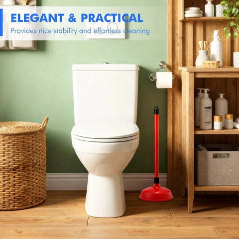 Tough As Nails Toilet Plungers 12 Pack Bulk 19 Inch Long Handle Suction Cup Plunger Built To Crush Stubborn Clogs Fast With Heavy Duty Rubber Cups And Slip Resistant Grips For Households Or Properties In Bold Red next to a toilet in a bathroom.
