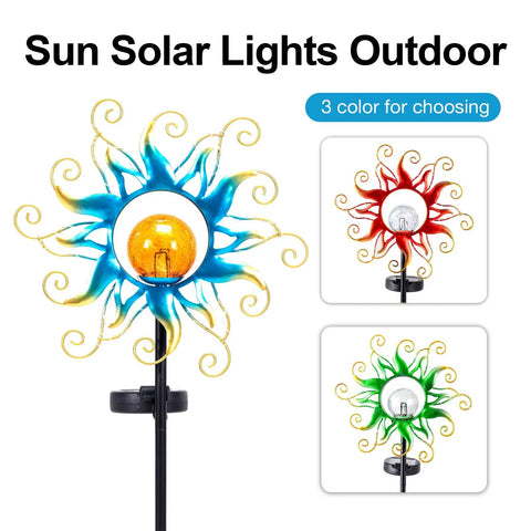 Outdoor Light Stakes for Garden Decor With Blue Metal Sun Crackle Glass Globes Waterproof 30 LED Pathway Lawn Yard Patio Lights Warm Fixed Glow Perfect Gift for Women and Moms, showing blue, red, green designs