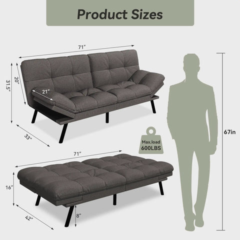 Cozy Convertible Futon Sofa Bed With 71 Inch Frame Memory Foam Couch dimensions illustration in sofa and bed positions.
