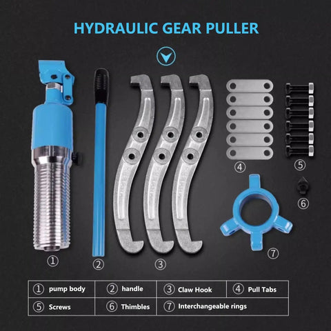 Heavy Duty Hydraulic Puller Kit With 2 Or 3 Jaws Bearing Hub Separator Rated For 5 Tons Or 11000 Lbs Removes Gears And Bearings Fast Using Extended Handle For Easy Grip Built For Shop Pros And Home Grinders Who Demand Badass Quality Tools., hydraulic gear puller kit with pump, jaws, tabs and handle on black background