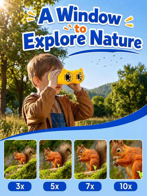 2 In 1 Digital Kids Microscope And Telescope With 2 Inch LCD Screen, 1000X Magnification For Bug Exploration And Nature Discovery, 10X Telescope For Distant Views Of Plants And Birds, Fun STEM Toy For Curious Explorers. Child using yellow kids binocular telescope outdoors, nature scene