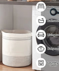 Large Rope Laundry Basket With Handles, Modern Woven Storage Bin In Light Gray, 18x16 Inches beside washing machine