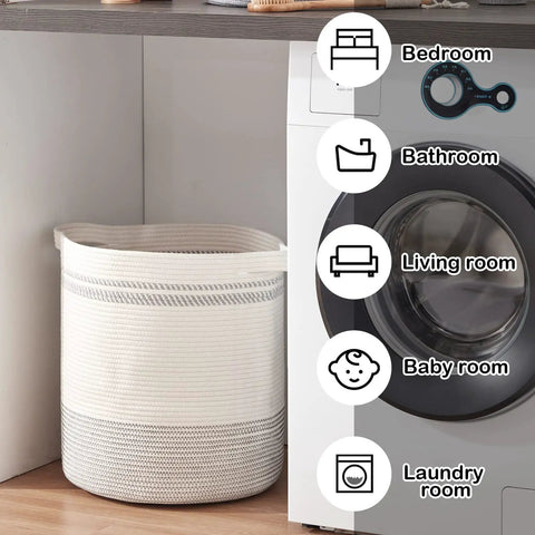 Large Rope Laundry Basket With Handles, Modern Woven Storage Bin In Light Gray, 18x16 Inches beside washing machine