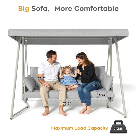 Oversized Outdoor Porch Swing Bed With Stand And Canopy Rain Cover Heavy Duty 3 Seat Bench Swing for Patio, seating family of three