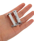 3 Pairs Clevis And Cotter Pin Kit M10x35mm And M8x35mm Steel Fasteners For Auto Jack And Hydraulic Gear Lawn Mower Pins Built To Last Heavy Duty High Load Clevis And Cotter Pins Universal Fixing Pin Set For Garage Projects And DIY Repairs. steel clevis and cotter pins in hand