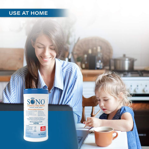 Woman and child at kitchen table with Alcohol-Free Disinfecting Wipes No Bleach Medical-Grade Multi-Surface Cleaning 80 Count canister