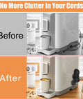 Comparison showing Before and After effects of Three Pack Kitchen Appliance Cord Organizer Sticky Cord Winder in use