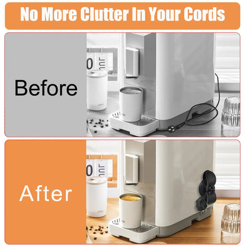 Comparison showing Before and After effects of Three Pack Kitchen Appliance Cord Organizer Sticky Cord Winder in use
