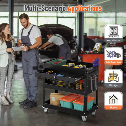 Beefed Up Heavy Duty 3 Tier Rolling Tool Cart On Wheels With Drawers 400 Lbs Capacity Steel Service Cart For Garage Shop And Warehouse Durable Mechanics Cart For Tools And Gear in auto repair shop