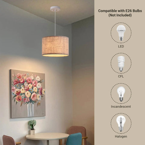 Beige Linen Drum Pendant Light With 48 Inch Adjustable Cord for kitchen bedroom living room and kids room E26 base view.