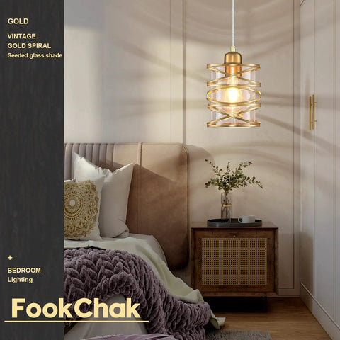 Gold Pendant Light Set Of 3 With Spiral Cage And Seeded Glass Shades For Kitchen Island Dining Room Bar And Sink Area 6.3 Inch Wide E26 Base Modern Farmhouse Vibe Home Lighting hanging by bed