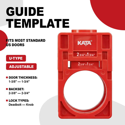 Go-To Wood Door Lock Installation Kit With Adjustable Guide Template And Hole Saw Set For Deadbolts And Knobs Solid Mounting For 1-3/8 To 1-3/4 Inch Doors showing red adjustable guide template for door installation.