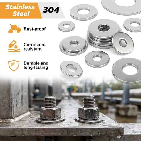 300 Piece Stainless Steel Washer Set With 15 Sizes From M3 To M12 Flat And Fender Washers 304 Stainless For Screws And Bolts Pro Grade DIY Home Auto Workshop Gear, 304 washers on bolts