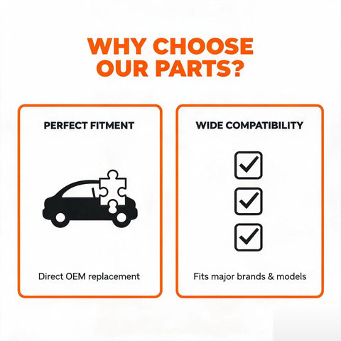 Image illustrating benefits of heavy duty automotive parts: perfect fitment for OEM replacement and wide compatibility for brands and models.