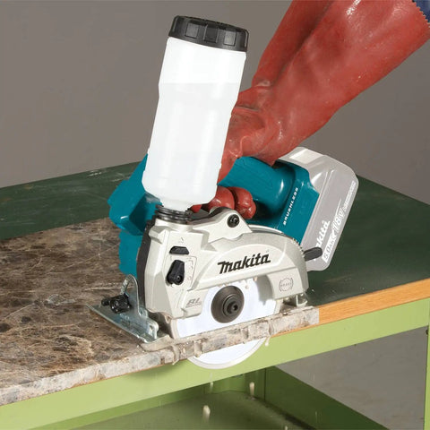 18V Cordless Wet and Dry Masonry Saw With Beefed-Up Brushless Motor, AWS Capable, being used on a tile surface