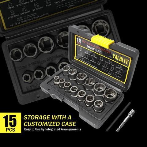 15 Piece Bolt Extractor Socket Set Built Like A Beast For Heavy Duty Nut Removal, Impact Rated Stripped Bolt Remover shown in open case