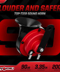 Top-tier black and red sound horn for golf carts with 90 dB output, measuring 3.35 inches, 200 m² coverage.