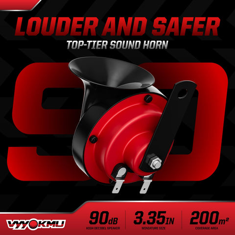 Black and red electric car horn with mounting bracket, labeled '90 dB' and '3.35 inches mini size', on a black and red background