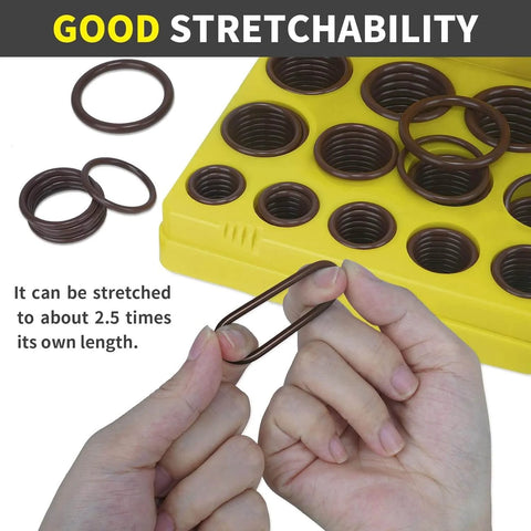 Heavy Duty Fluorocarbon FKM O Ring Kit With 386 Pcs And 30 Sizes 75 Durometer Assortment for stretching test with yellow case.