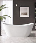 59 Inch Acrylic Freestanding Bathtub Glossy White Deep Ergonomic Soaking Tub in modern bathroom with decorative plants and light.
