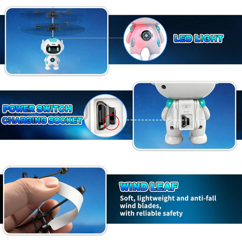 Hand Operated Flying Ball Drone With Led Lights Indoor Rechargeable Mini Helicopter Toy close-up showing LED, switch, wind leaf.