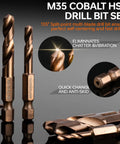 Close-up of M35 Cobalt Stubby Drill Bit Set showing hex shank and 135° split-point design for fast drilling in metal and wood.