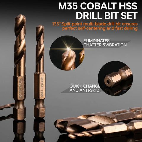 Close-up of M35 Cobalt Stubby Drill Bit Set showing hex shank and 135° split-point design for fast drilling in metal and wood.