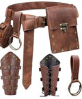 Dual Brown Renaissance Belt Pouch And Viking Bracer Kit Featuring Detachable Waist Bag With Heavy Duty Hook Strap, brown leather set.