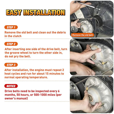 Installation guide of Go Kart Drive Belt 30 Series Replacement 9.100.018-725 showing belt removal and insertion steps